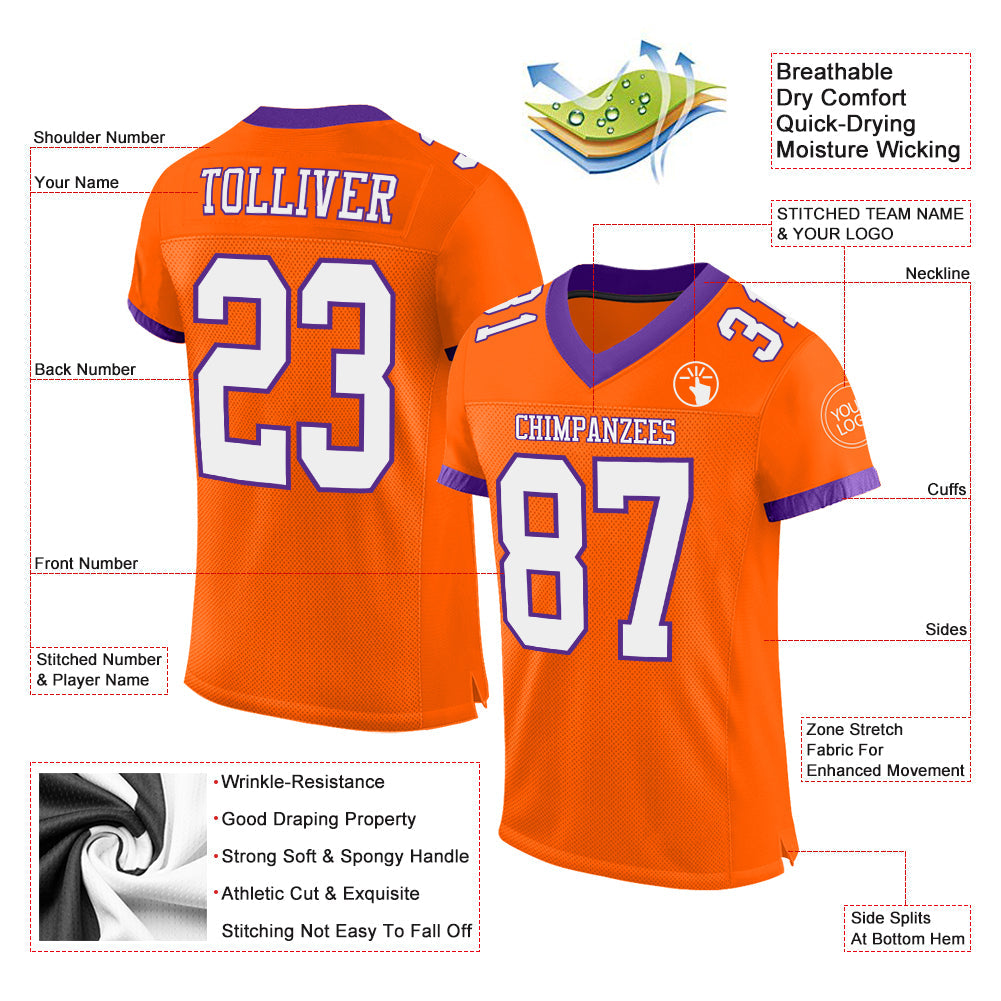 Custom Orange White-Purple Mesh Authentic Football Jersey view 2