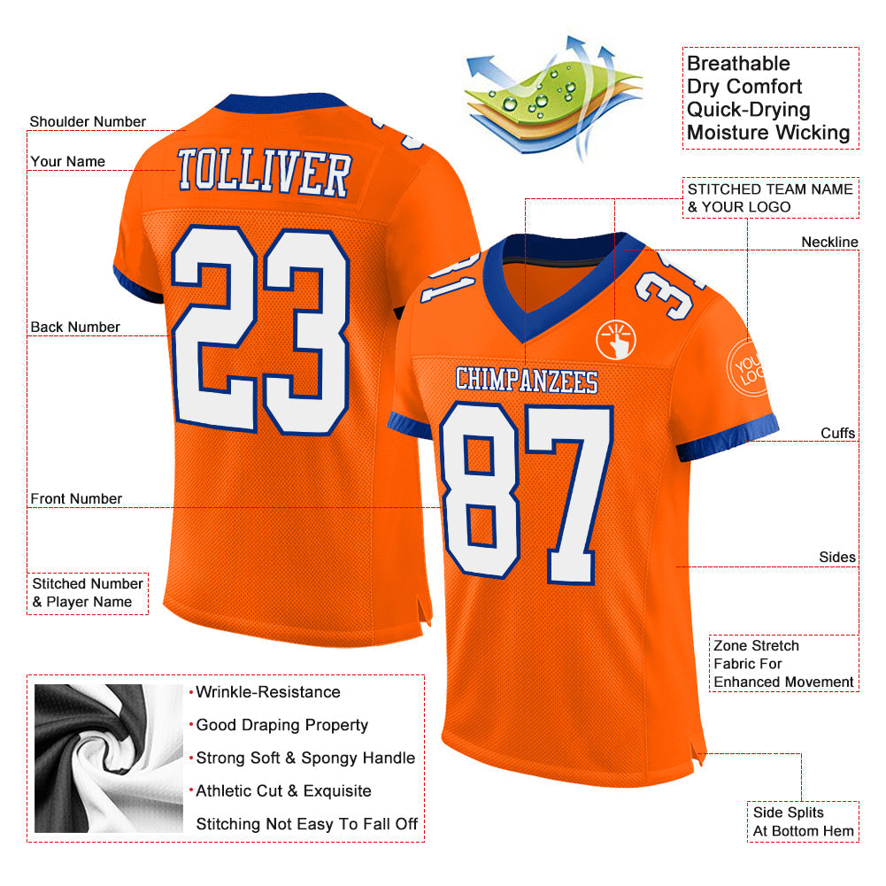Custom Orange White-Royal Mesh Authentic Football Jersey view 2