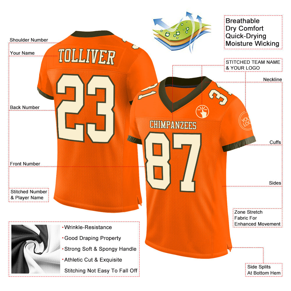 Custom Orange Cream-Olive Mesh Authentic Football Jersey view 2