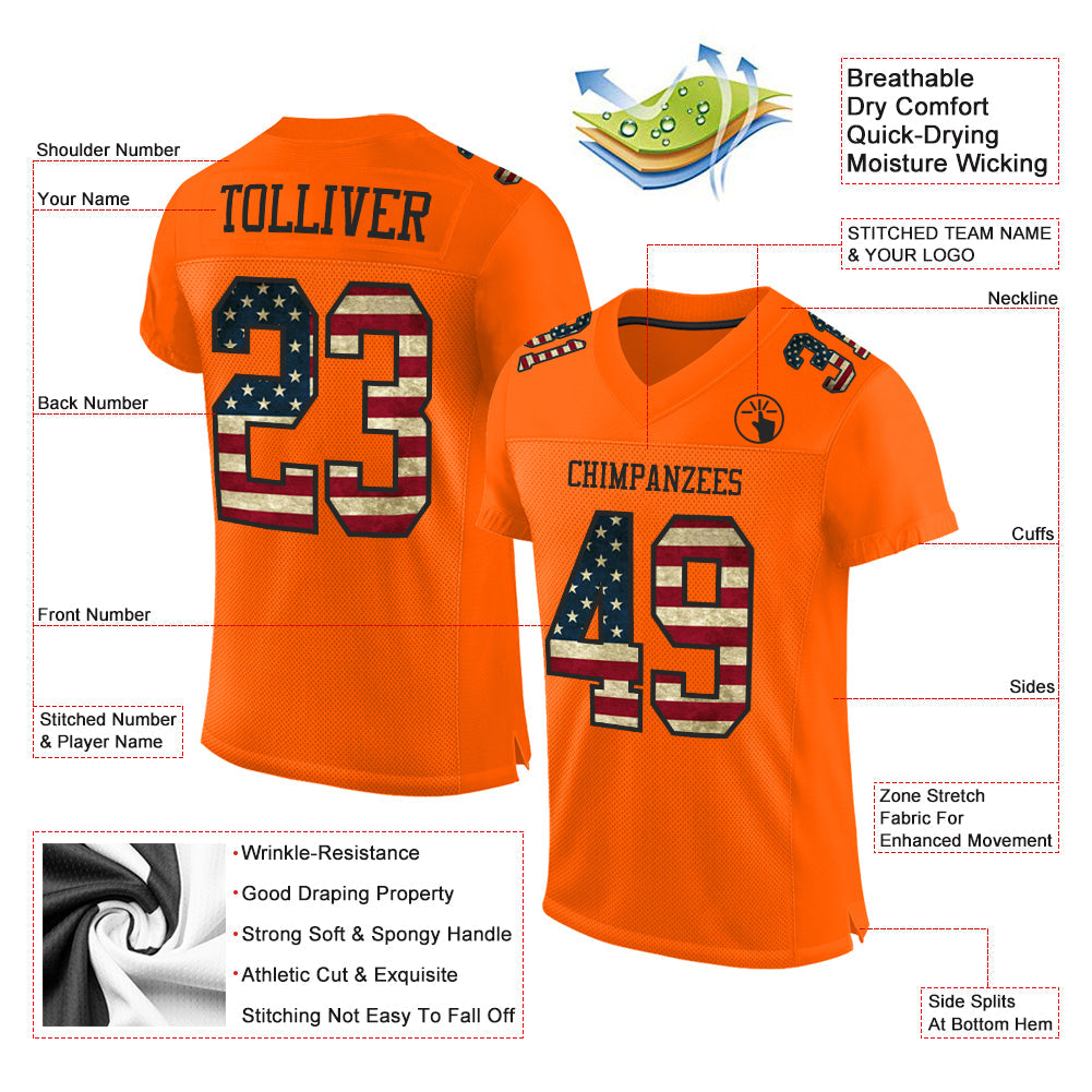 Custom Orange Vintage USA Flag-Black Mesh Authentic Football Jersey view 2