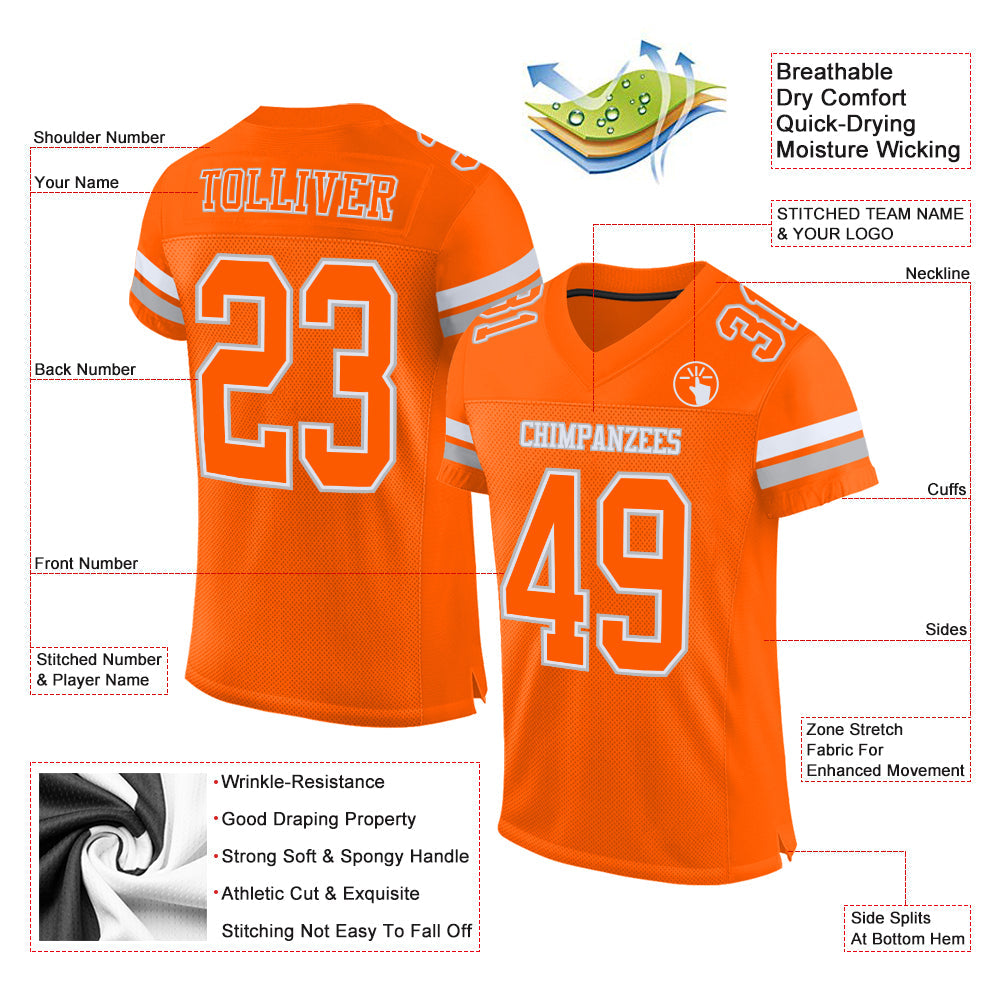 Custom Orange White-Gray Mesh Authentic Football Jersey view 2
