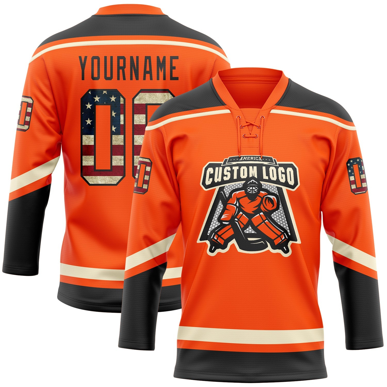 Custom Orange Vintage USA Flag Black-Cream Hockey Lace Neck Jersey view 2