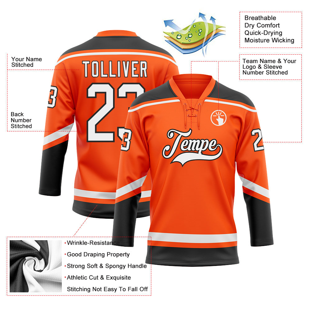 Custom Orange White-Black Hockey Lace Neck Jersey view 3