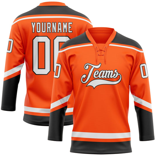 Custom Orange White-Black Hockey Lace Neck Jersey - Main View