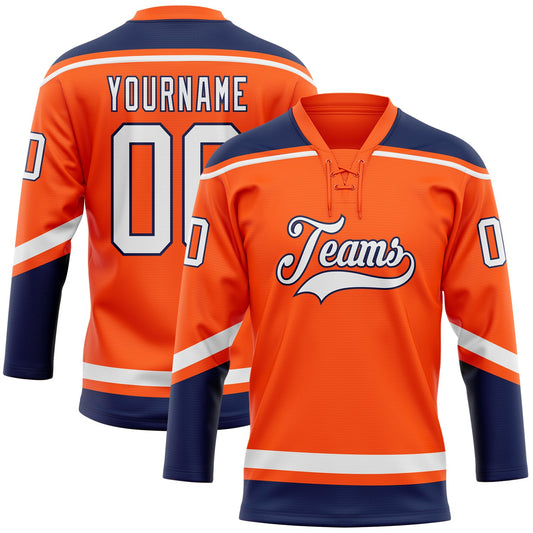 Custom Orange White-Navy Hockey Lace Neck Jersey - Main View