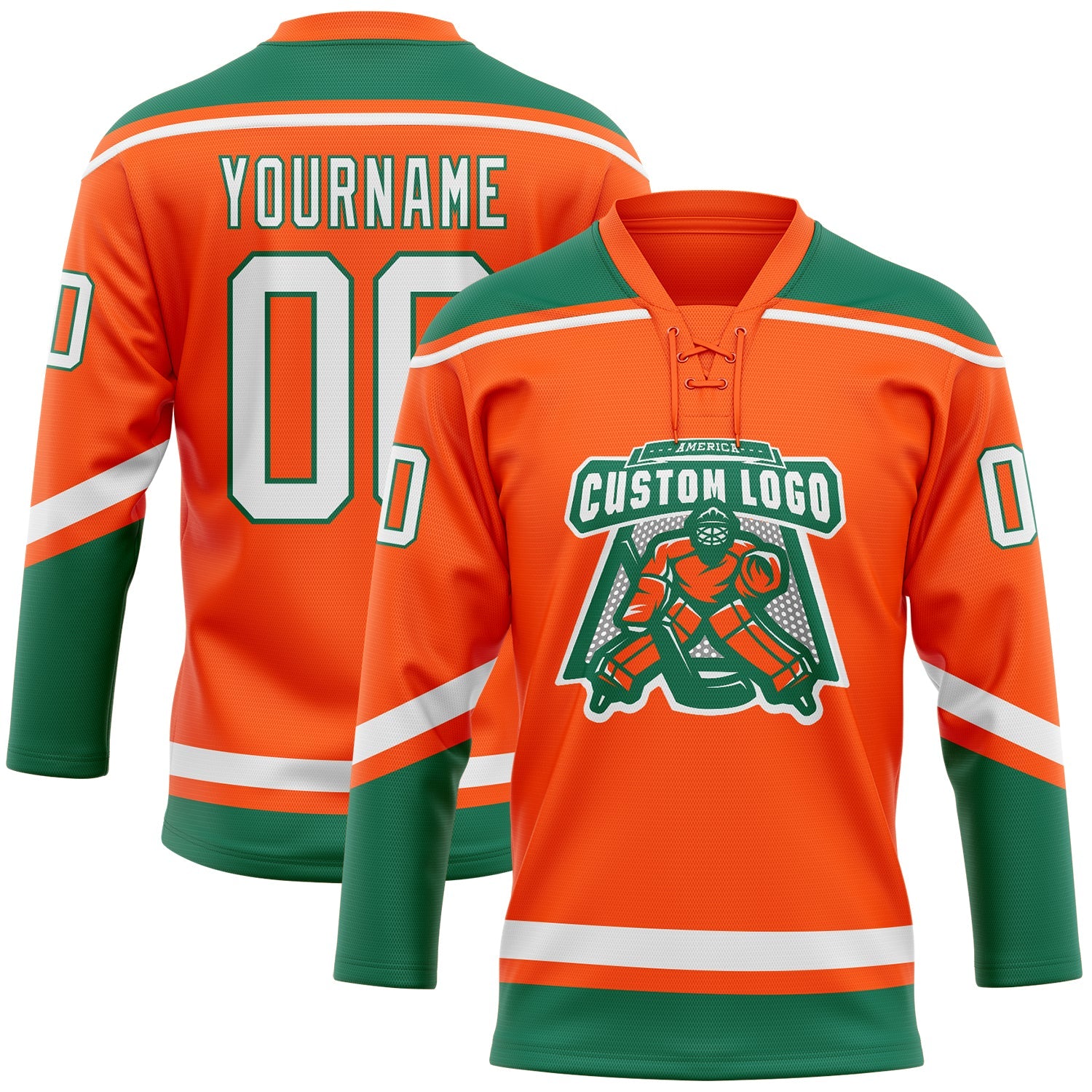 Custom Orange White-Kelly Green Hockey Lace Neck Jersey view 2