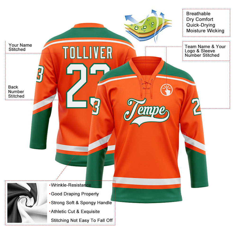 Custom Orange White-Kelly Green Hockey Lace Neck Jersey view 3