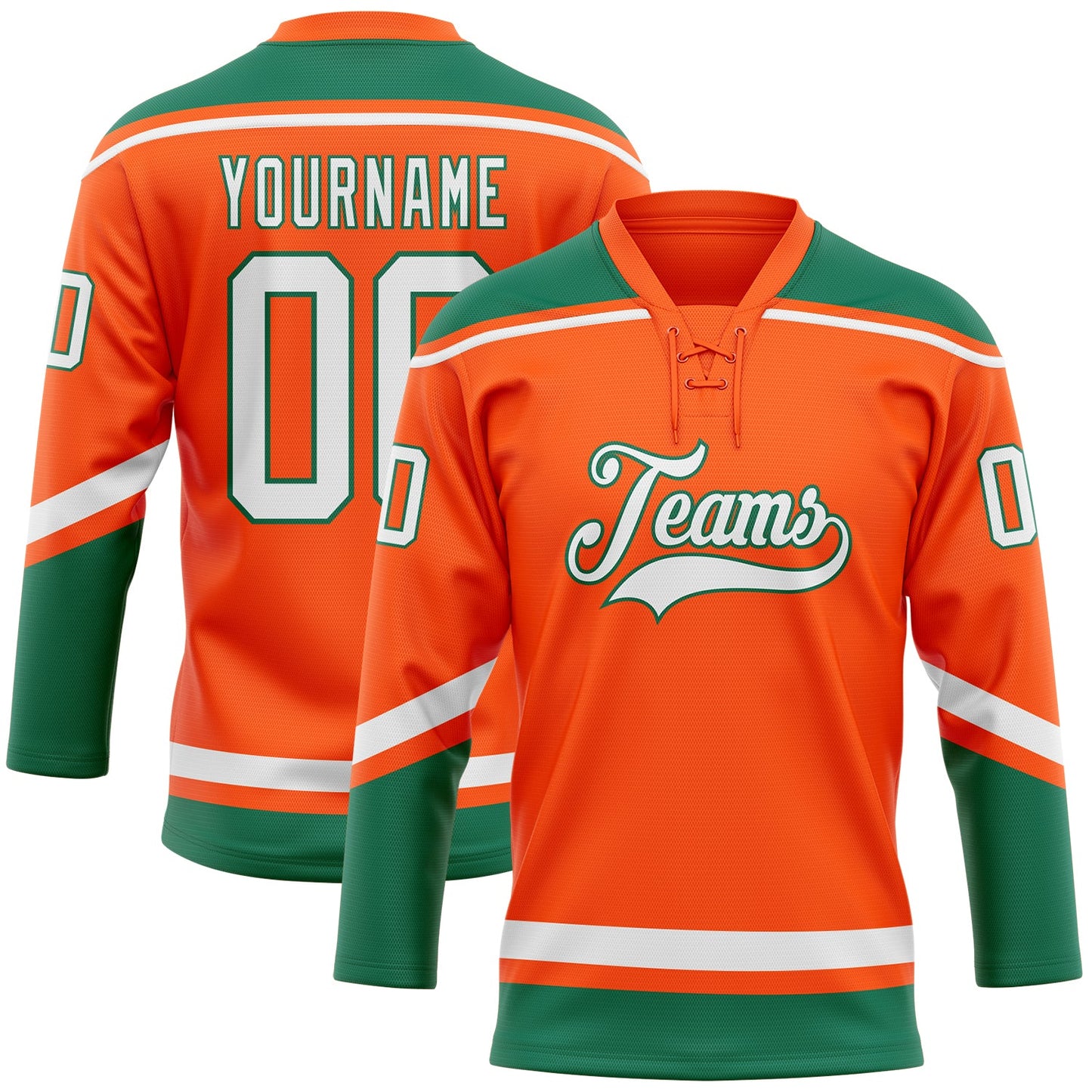 Custom Orange White-Kelly Green Hockey Lace Neck Jersey - Main View
