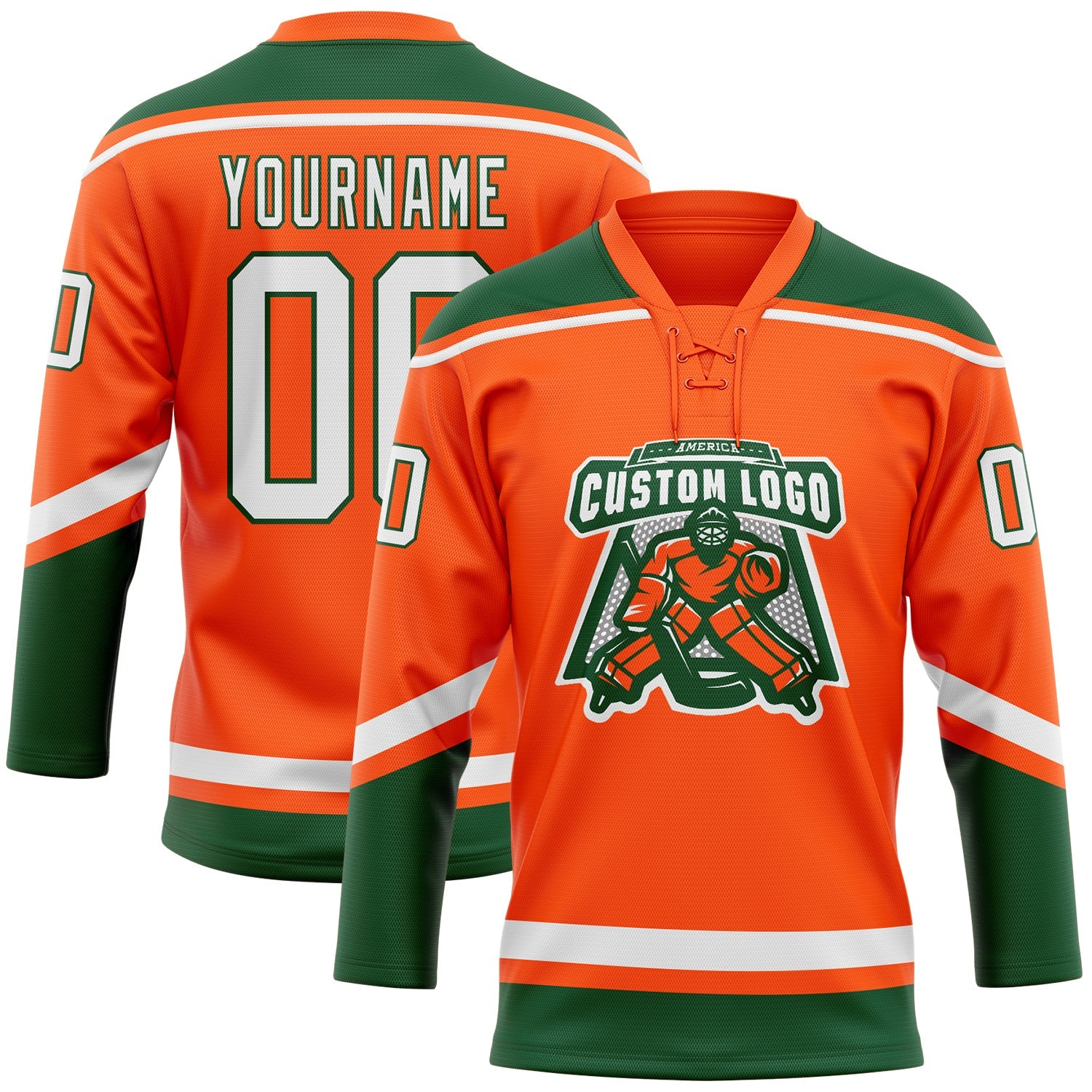 Custom Orange White-Green Hockey Lace Neck Jersey view 2