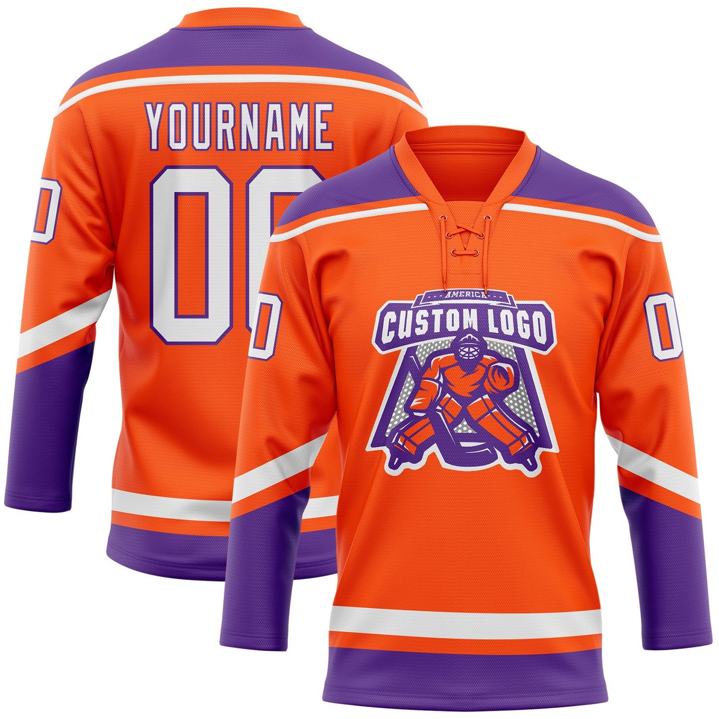 Custom Orange White-Purple Hockey Lace Neck Jersey view 2
