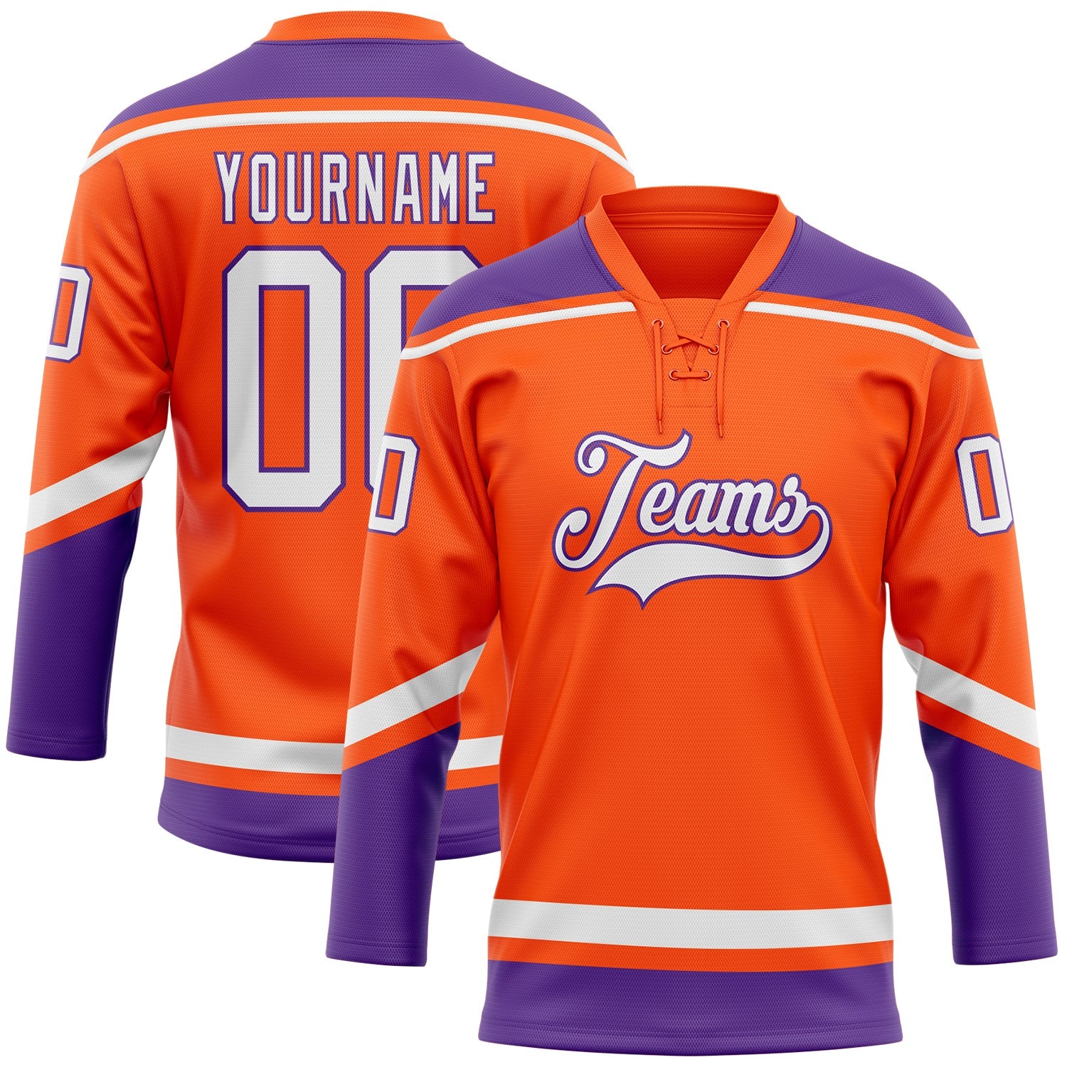 Custom Orange White-Purple Hockey Lace Neck Jersey - Main View