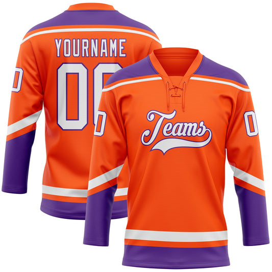 Custom Orange White-Purple Hockey Lace Neck Jersey - Main View