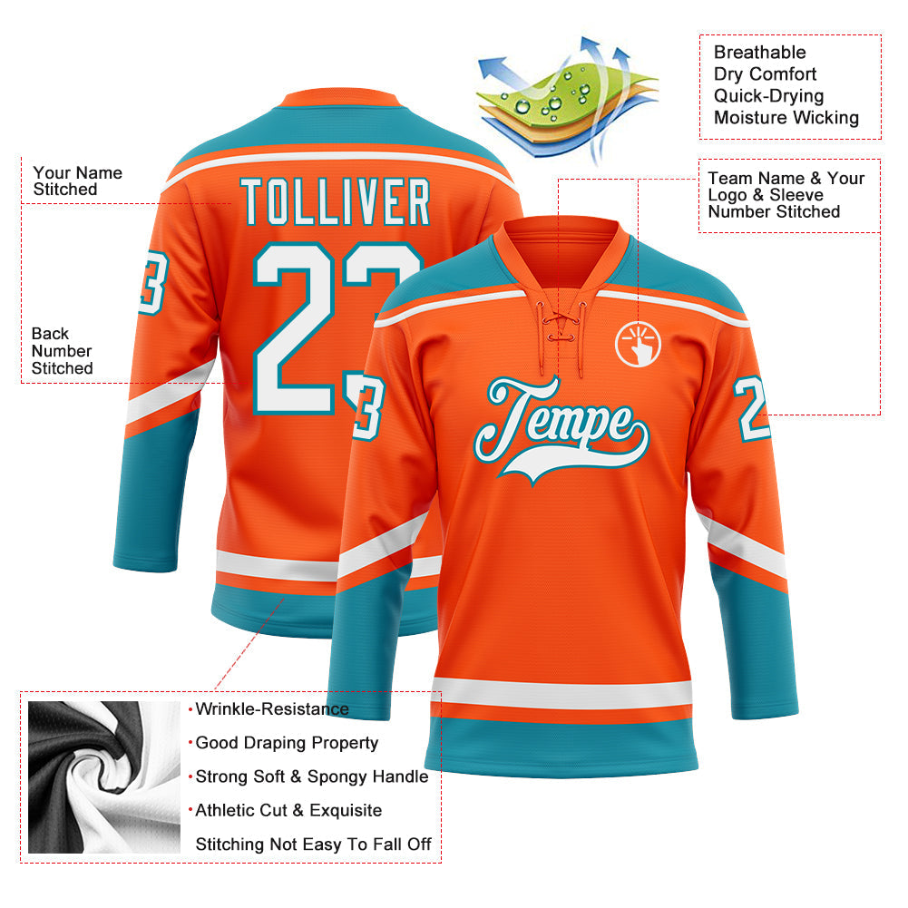 Custom Orange White-Teal Hockey Lace Neck Jersey view 3