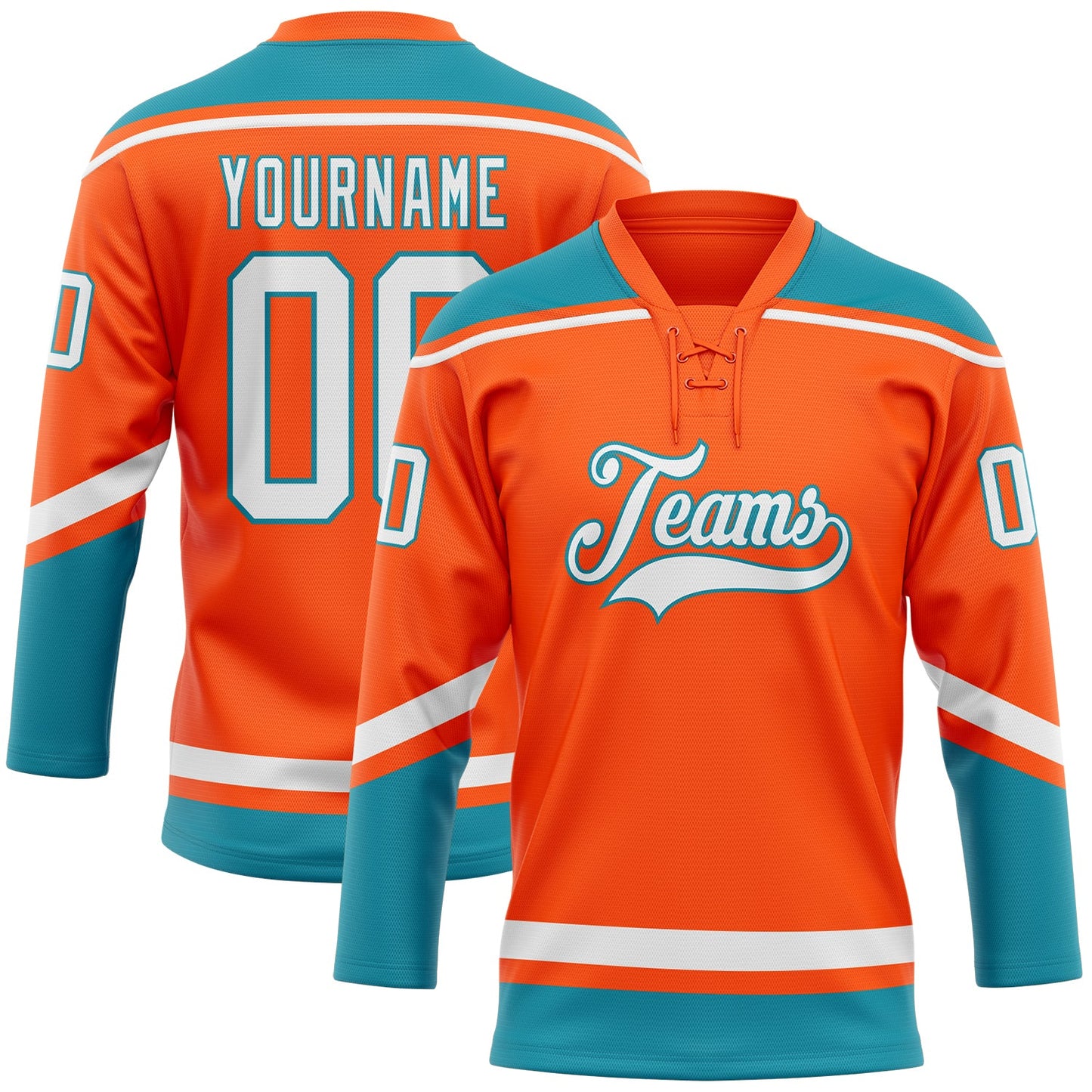 Custom Orange White-Teal Hockey Lace Neck Jersey - Main View