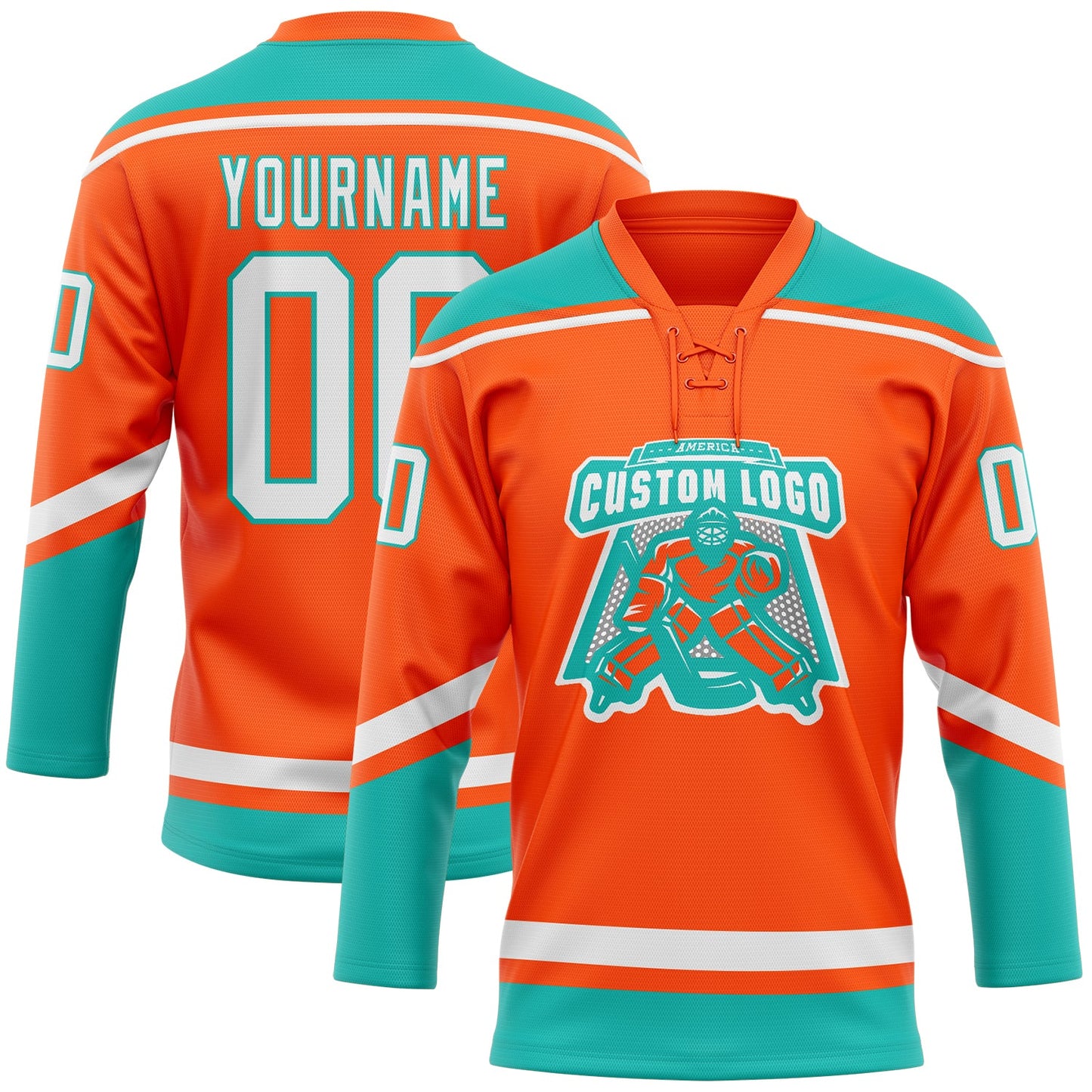 Custom Orange White-Aqua Hockey Lace Neck Jersey view 2