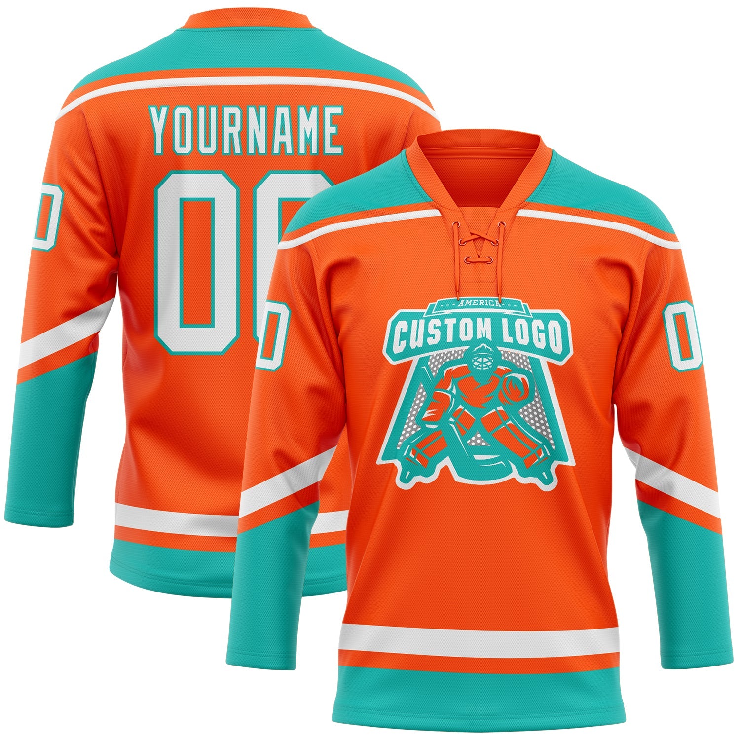 Custom Orange White-Aqua Hockey Lace Neck Jersey view 2