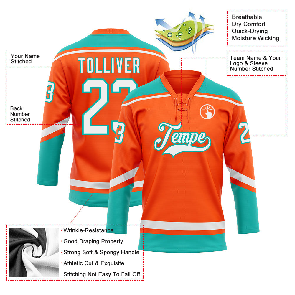 Custom Orange White-Aqua Hockey Lace Neck Jersey view 3
