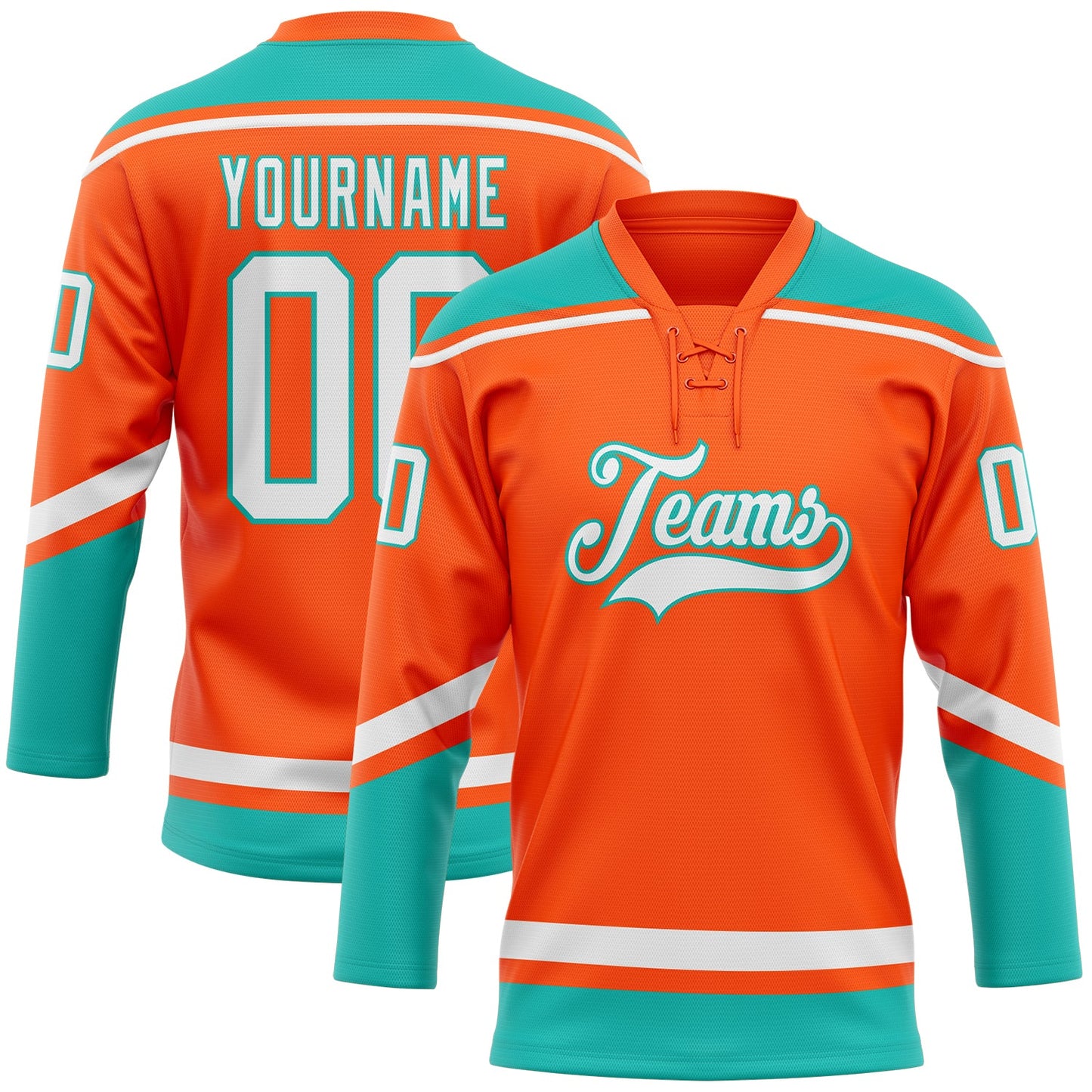 Custom Orange White-Aqua Hockey Lace Neck Jersey - Main View