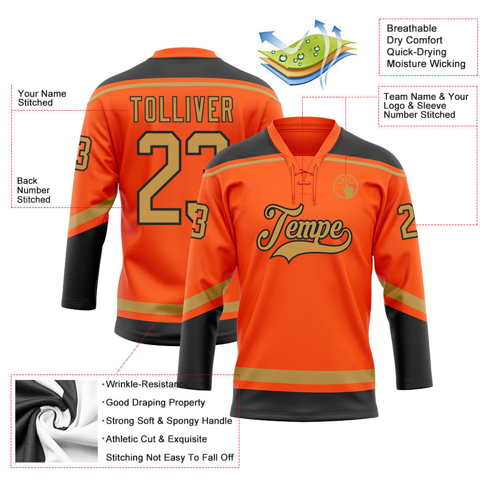 Custom Orange Old Gold-Black Hockey Lace Neck Jersey view 3