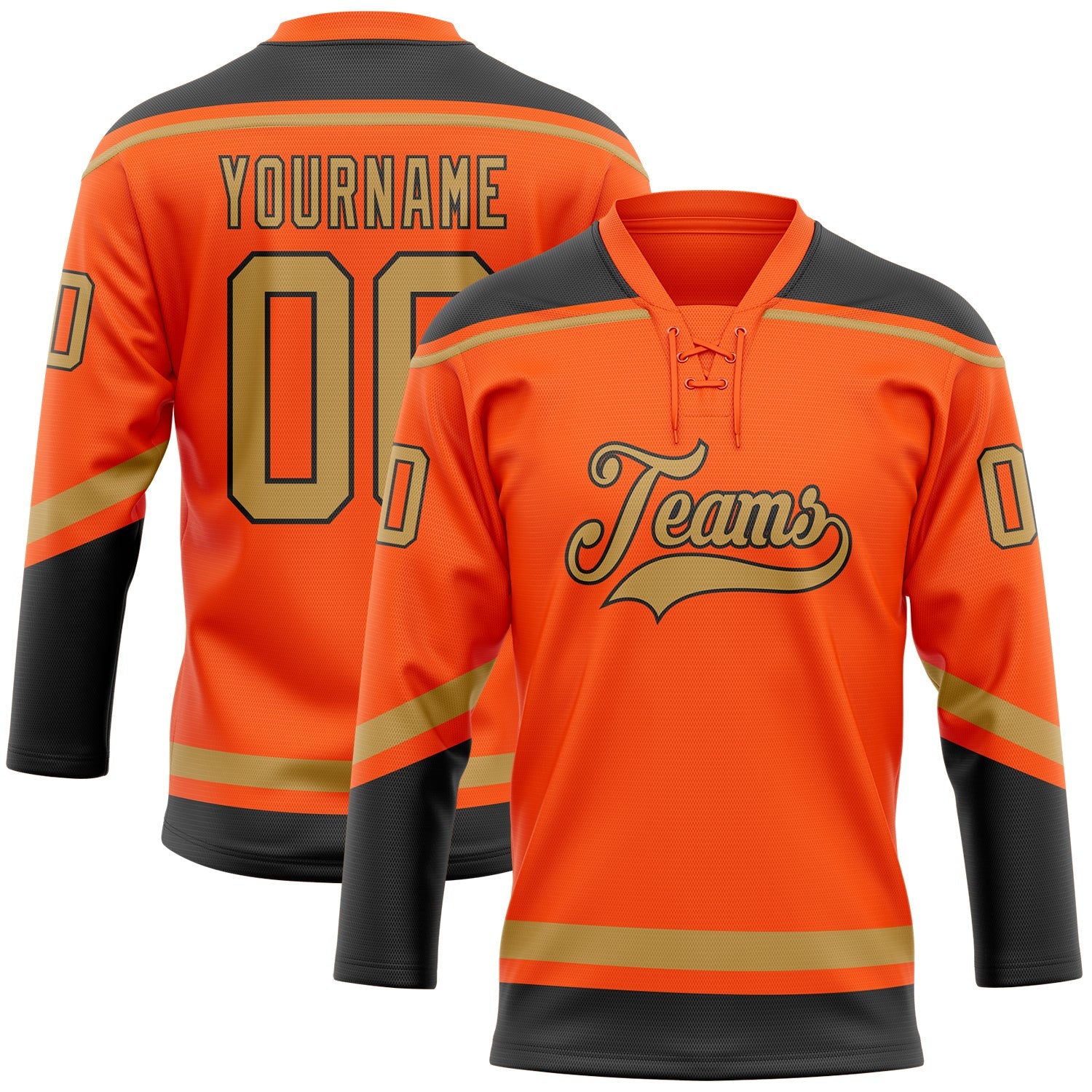 Custom Orange Old Gold-Black Hockey Lace Neck Jersey - Main View