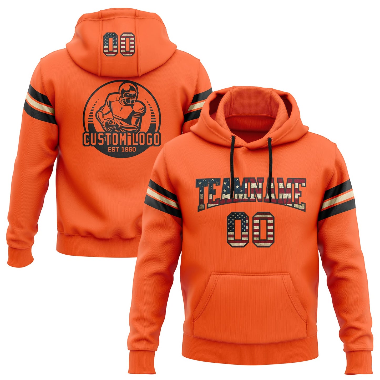Custom Stitched Orange Vintage USA Flag Black-City Cream Football Pullover Sweatshirt Hoodie - Main View