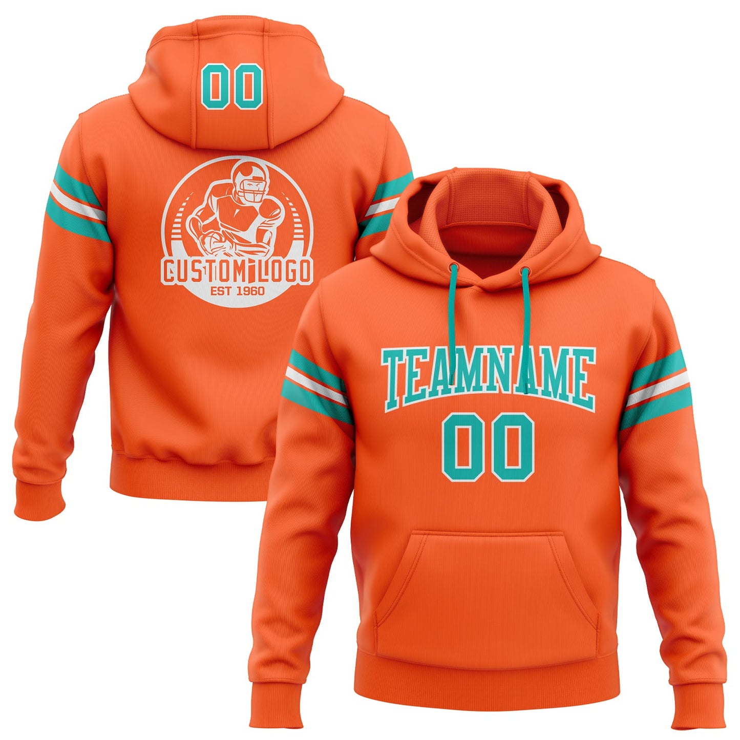 Custom Stitched Orange Aqua-White Football Pullover Sweatshirt Hoodie - Main View