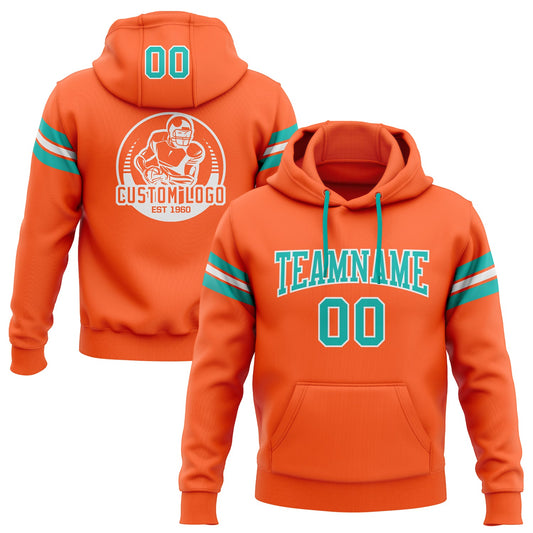 Custom Stitched Orange Aqua-White Football Pullover Sweatshirt Hoodie - Main View