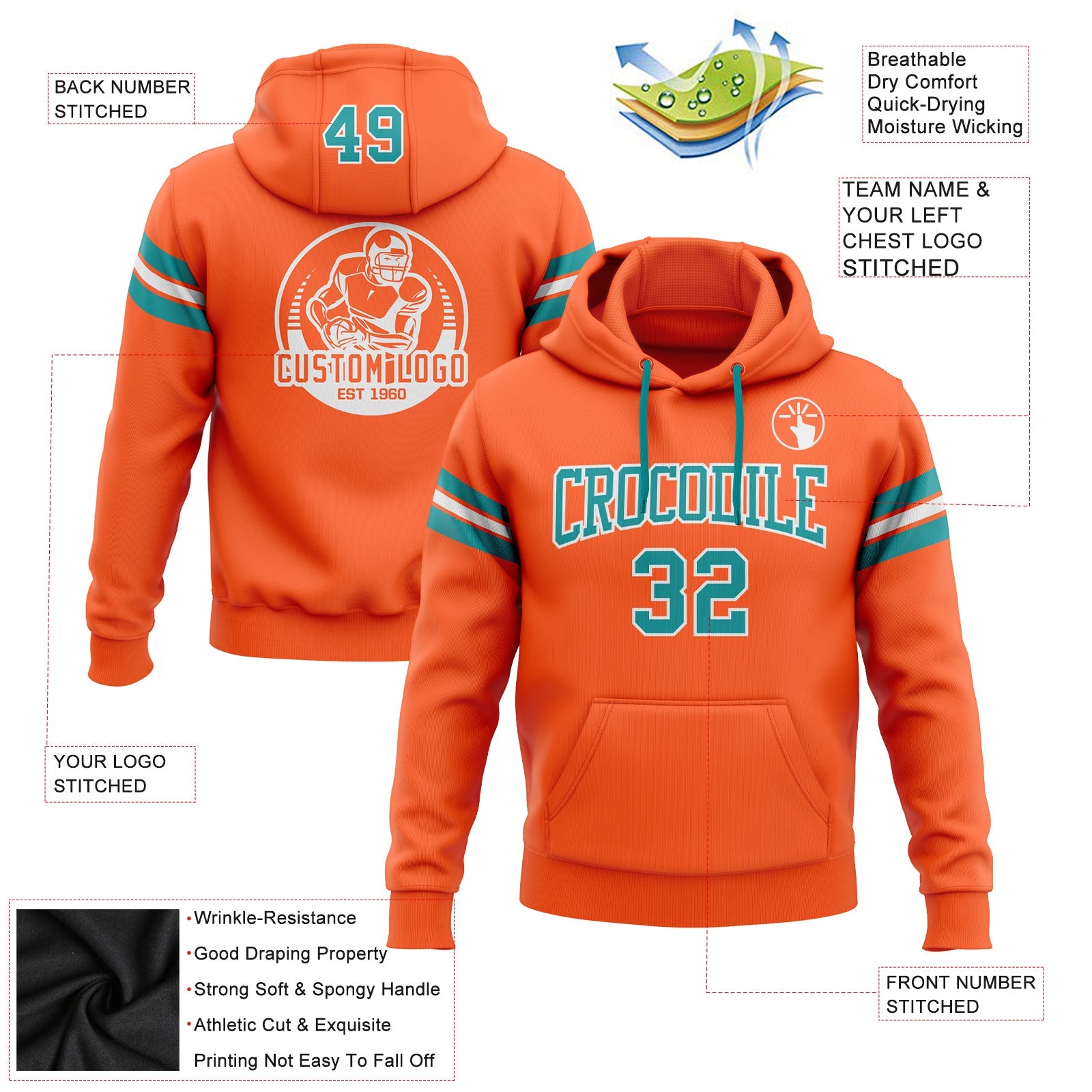 Custom Stitched Orange Teal-White Football Pullover Sweatshirt Hoodie view 2