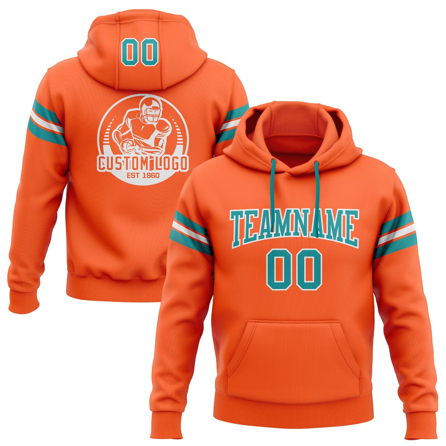 Custom Stitched Orange Teal-White Football Pullover Sweatshirt Hoodie - Main View