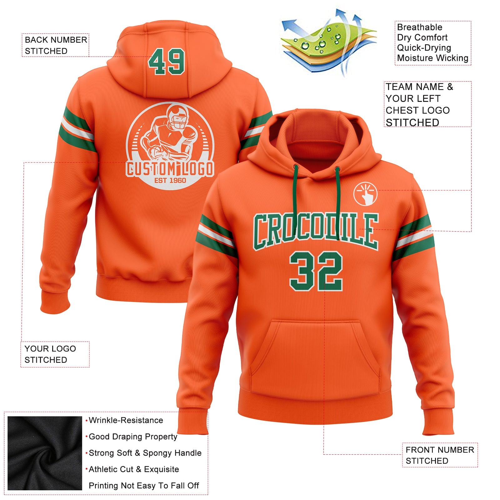 Custom Stitched Orange Kelly Green-White Football Pullover Sweatshirt Hoodie view 2