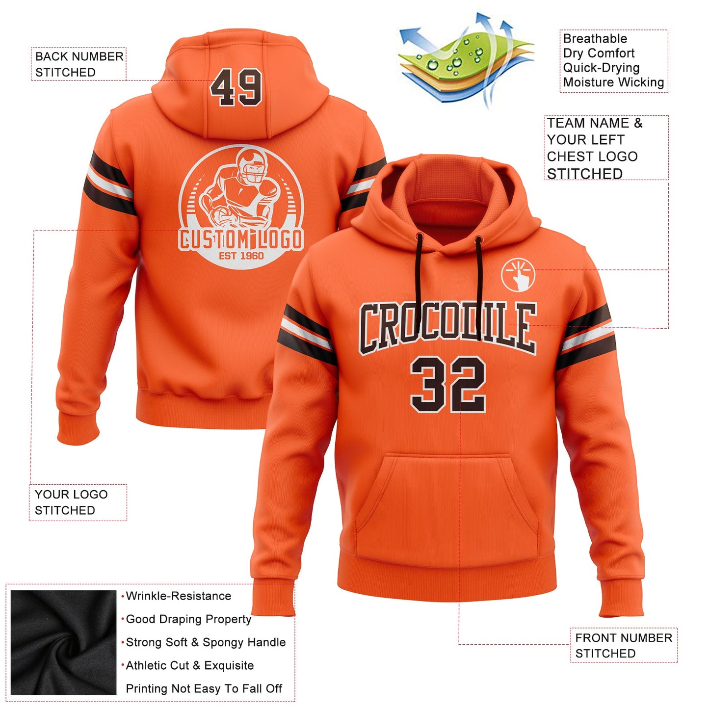 Custom Stitched Orange Brown-White Football Pullover Sweatshirt Hoodie view 2