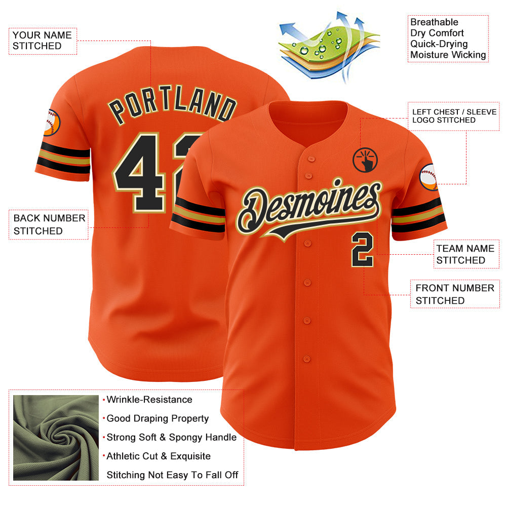 Custom Orange Black Cream-Old Gold Authentic Baseball Jersey view 3