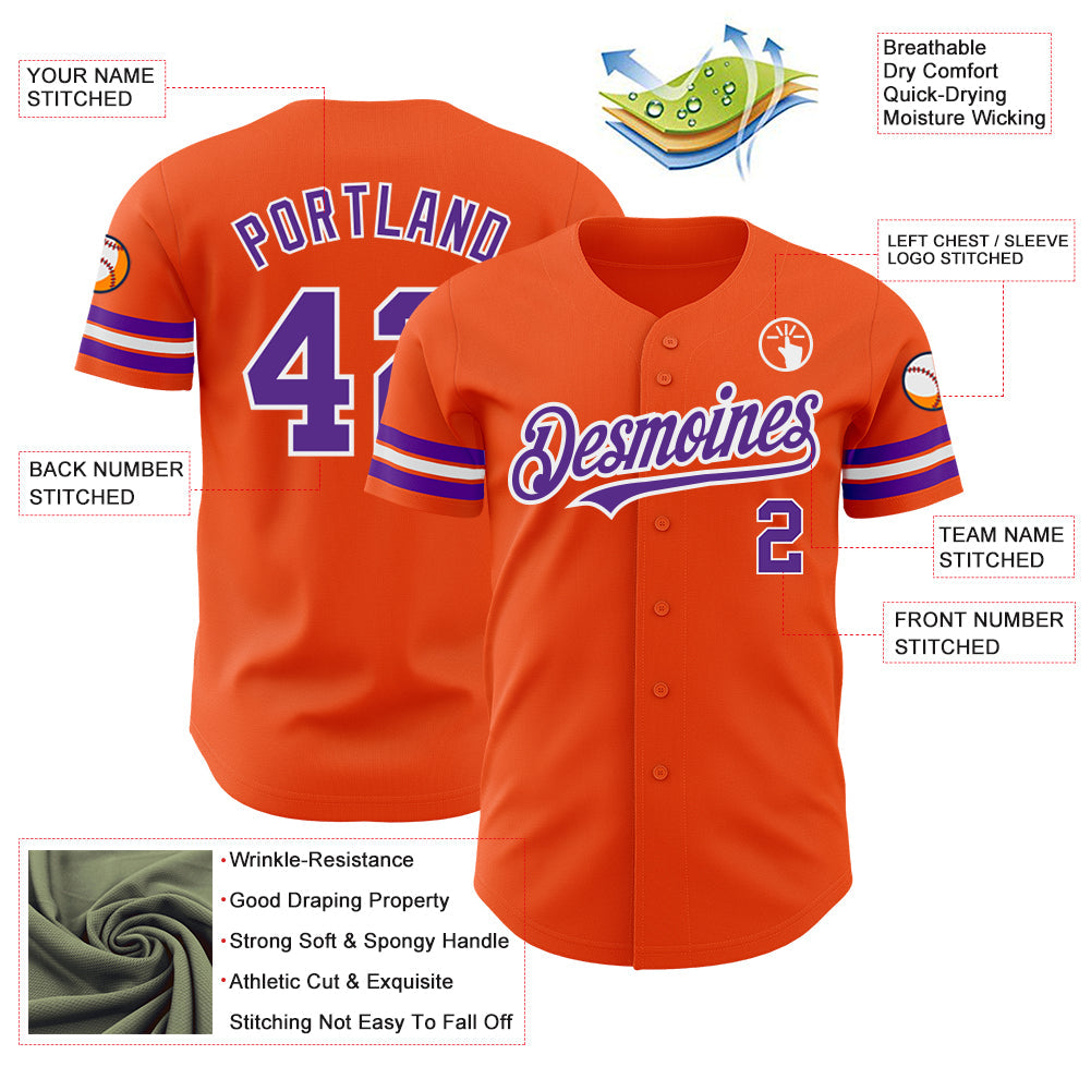 Custom Orange Purple-White Authentic Baseball Jersey view 3