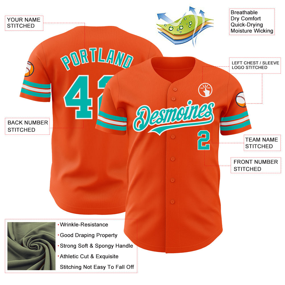 Custom Orange Aqua-White Authentic Baseball Jersey view 3