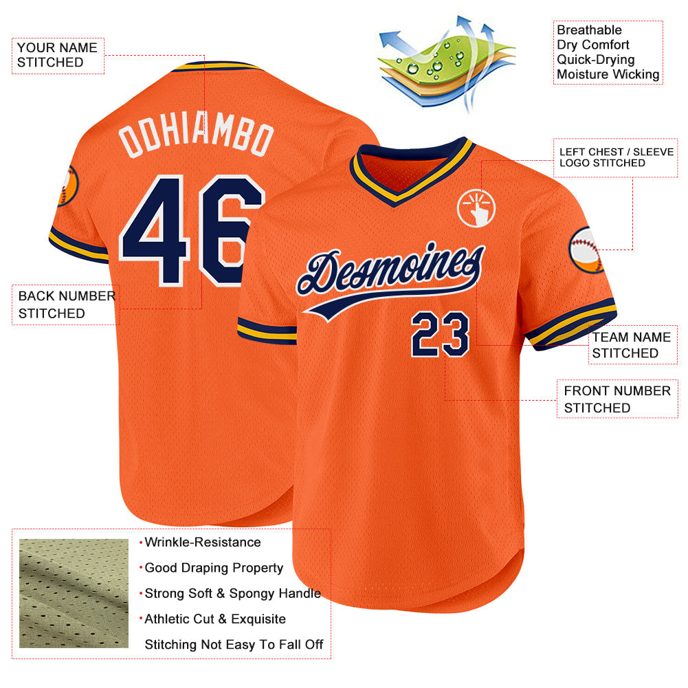 Custom Orange Navy-White Authentic Throwback Baseball Jersey view 3