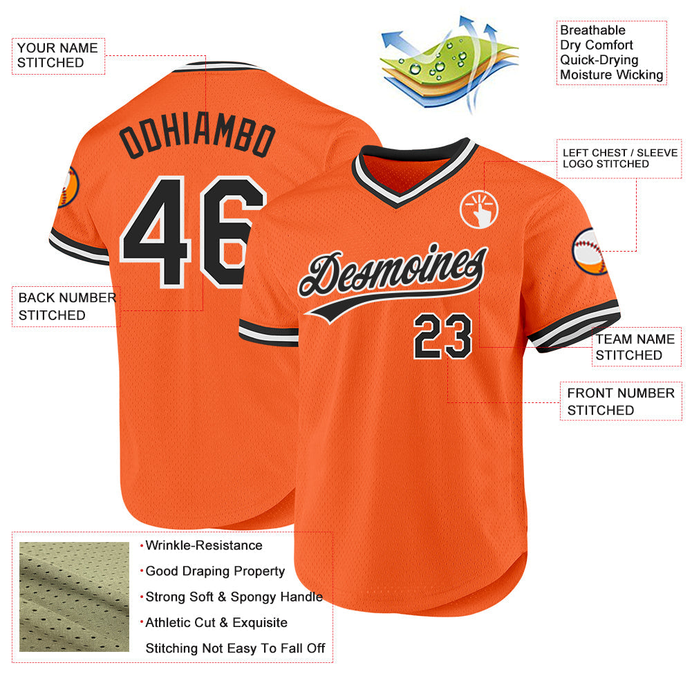 Custom Orange Black-White Authentic Throwback Baseball Jersey view 3