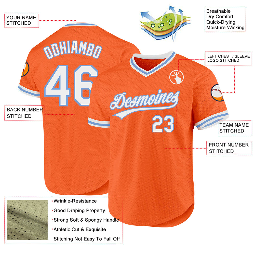 Custom Orange White-Light Blue Authentic Throwback Baseball Jersey view 3