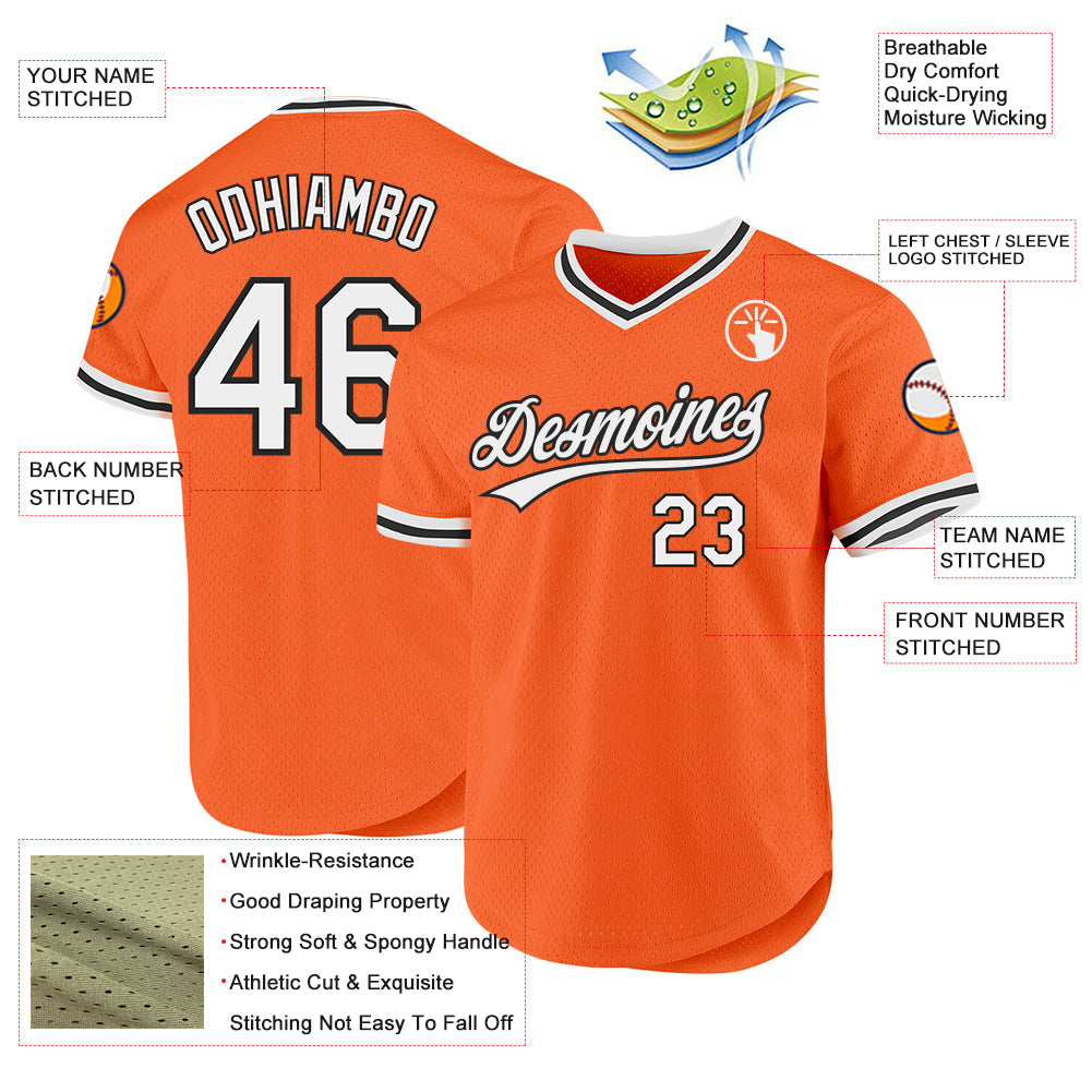 Custom Orange White-Black Authentic Throwback Baseball Jersey view 3