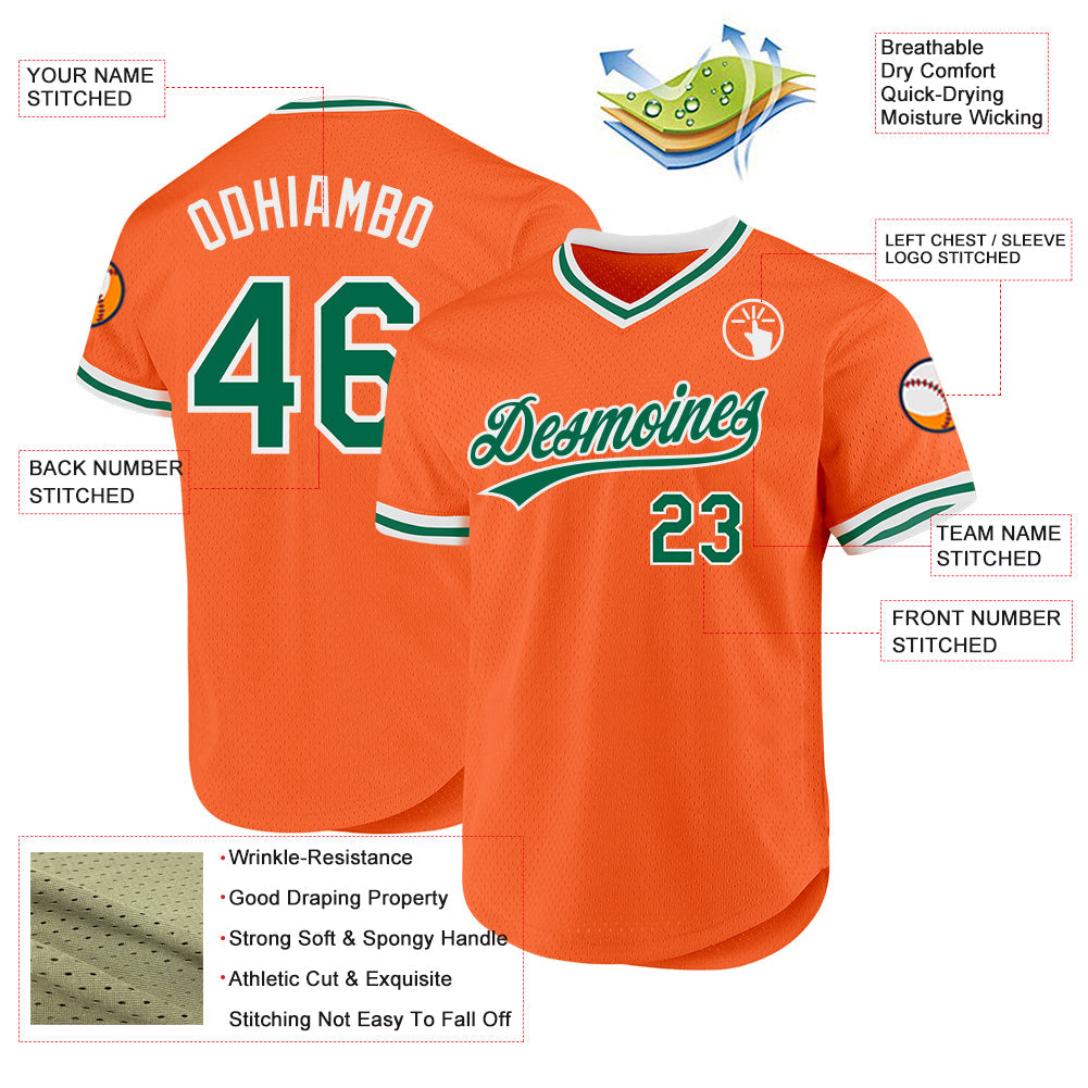 Custom Orange Kelly Green-White Authentic Throwback Baseball Jersey view 3