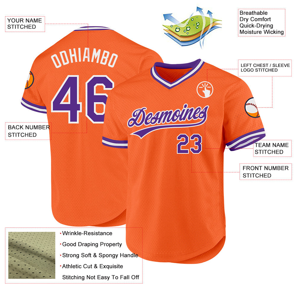 Custom Orange Purple-White Authentic Throwback Baseball Jersey view 3