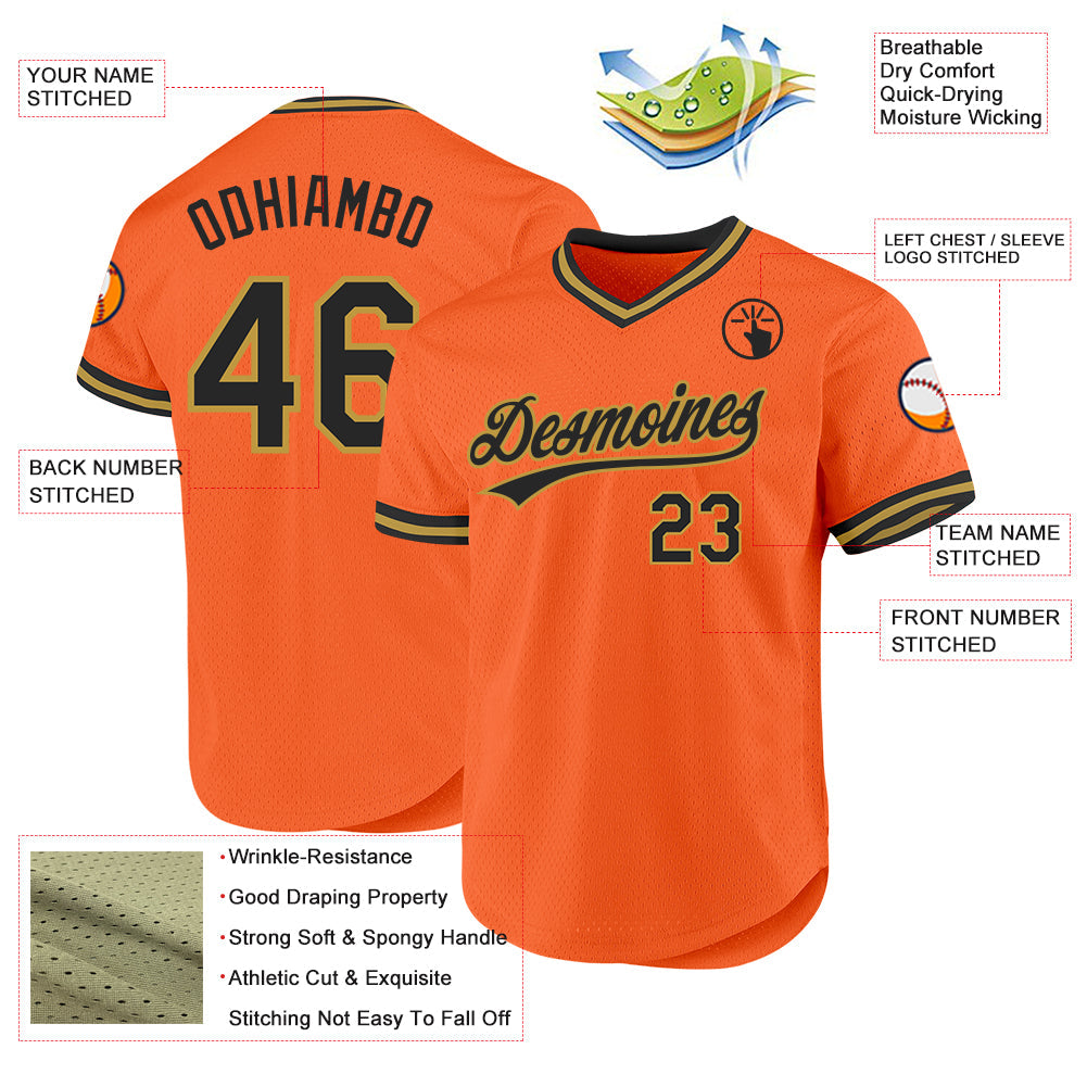 Custom Orange Black-Old Gold Authentic Throwback Baseball Jersey view 3