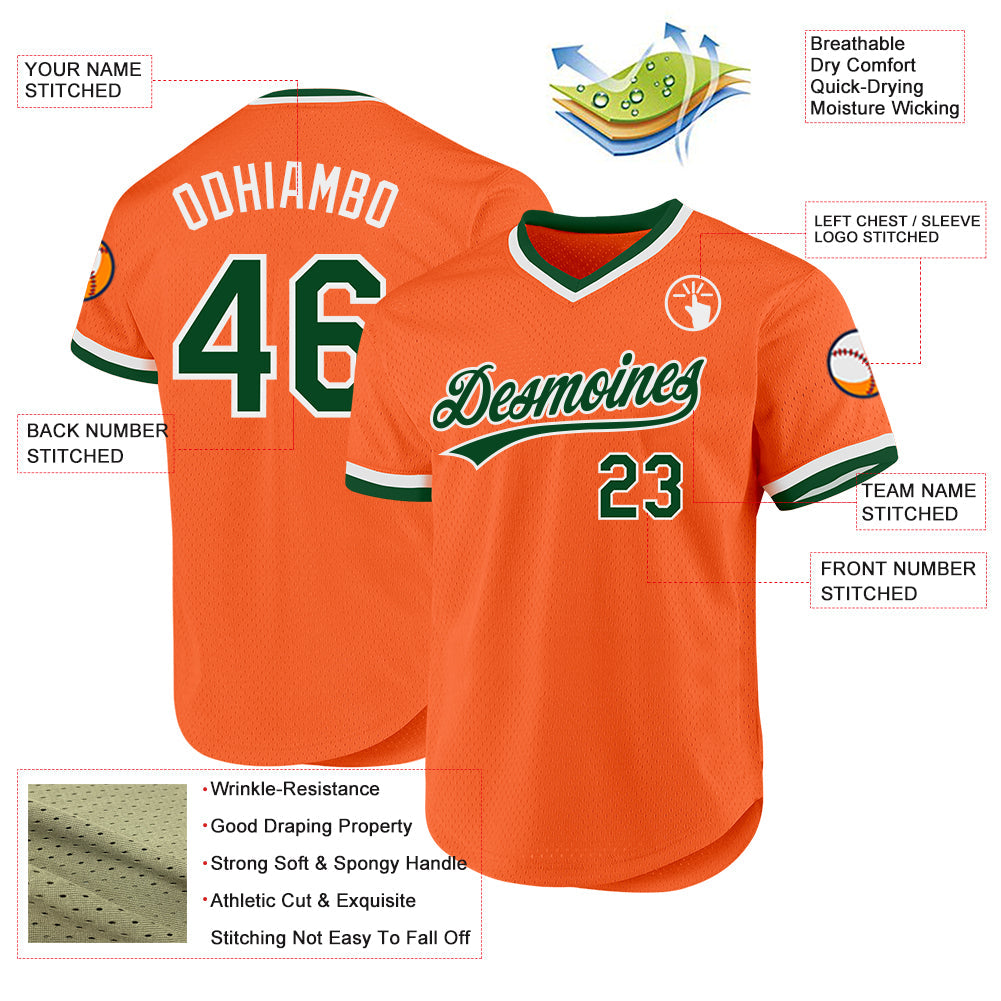 Custom Orange Green-White Authentic Throwback Baseball Jersey view 3