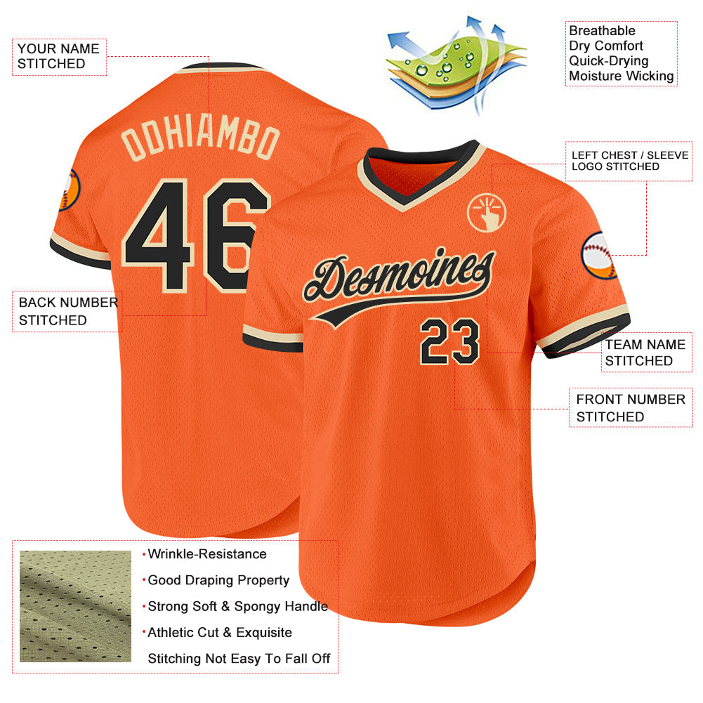 Custom Orange Black-Cream Authentic Throwback Baseball Jersey view 3