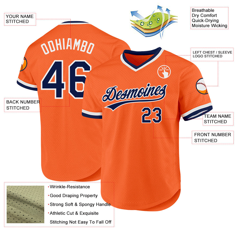 Custom Orange Navy-White Authentic Throwback Baseball Jersey view 3