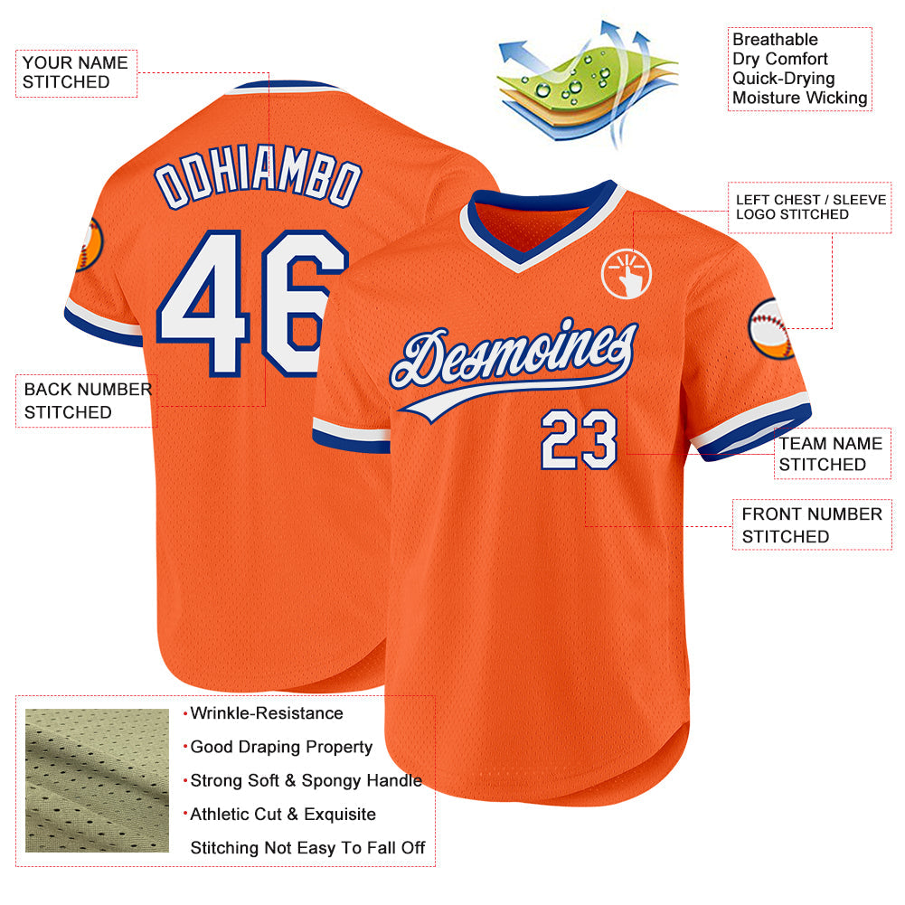 Custom Orange White-Royal Authentic Throwback Baseball Jersey view 3