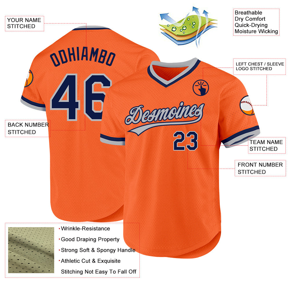 Custom Orange Navy-Gray Authentic Throwback Baseball Jersey view 3