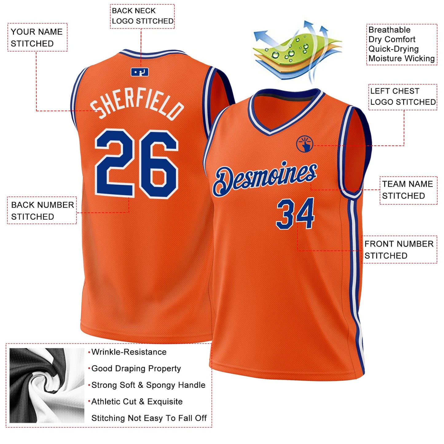 Custom Orange Royal-White Authentic Throwback Basketball Jersey view 3