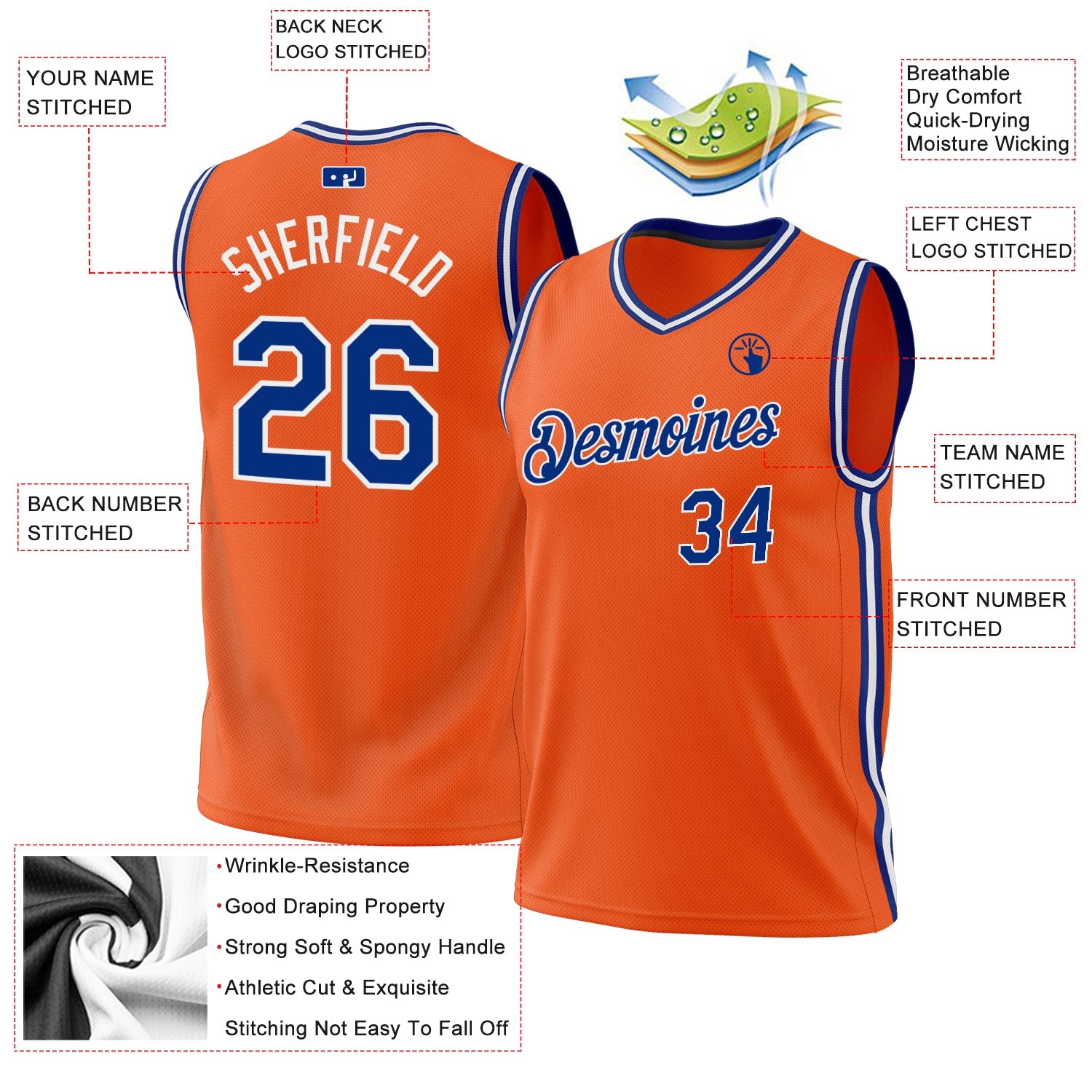 Custom Orange Royal-White Authentic Throwback Basketball Jersey view 3