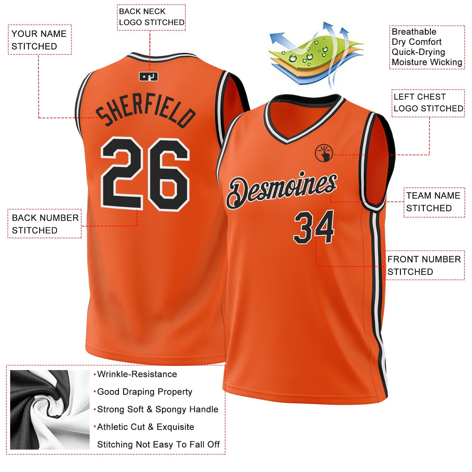 Custom Orange Black-White Authentic Throwback Basketball Jersey view 3