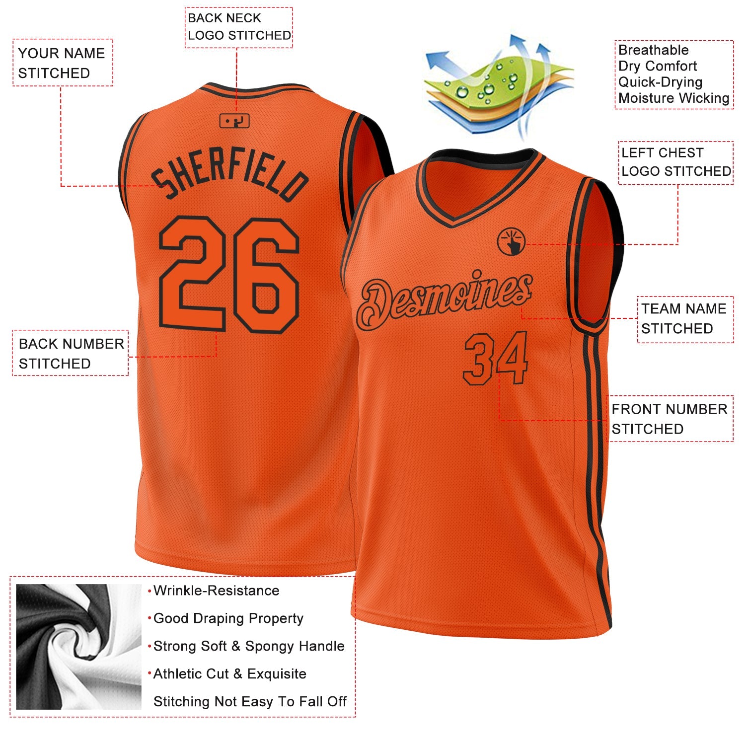 Custom Orange Black Authentic Throwback Basketball Jersey view 3